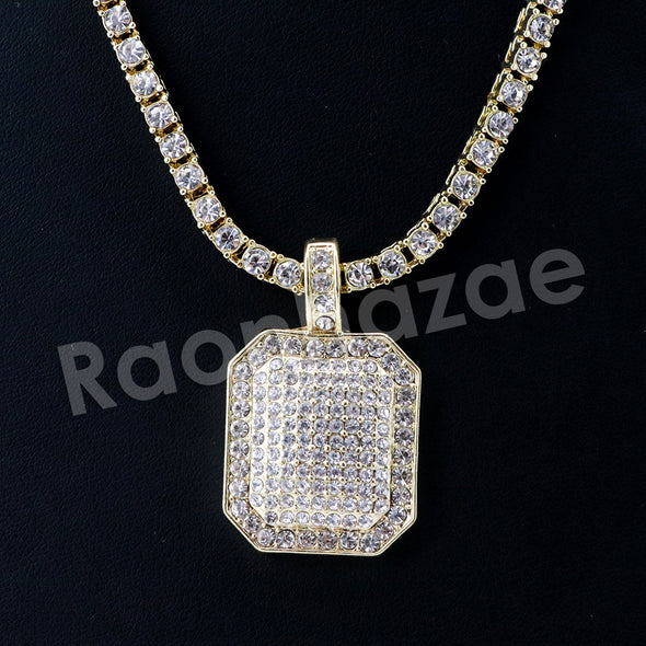 Micro Pave Hexagon Dogtag Pendant w/ 18" Tennis / 30" Cuban Chain - Raonhazae