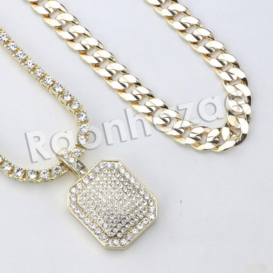 Micro Pave Hexagon Dogtag Pendant w/ 18" Tennis / 30" Cuban Chain - Raonhazae