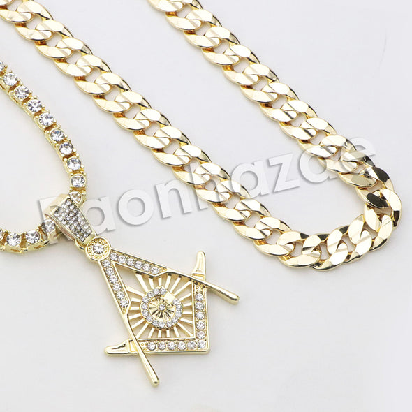 Micro Pave Freemasonic Icon Pendant w/ 18" Tennis / 30" Cuban Chain - Raonhazae