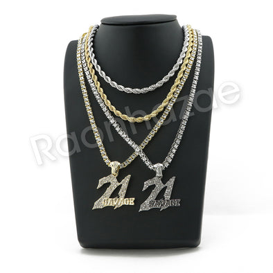 HIP HOP 21 SAVAGE PENDANT W/ 24" ROPE /18" TENNIS CHAIN NECKLACE SC007 - Raonhazae