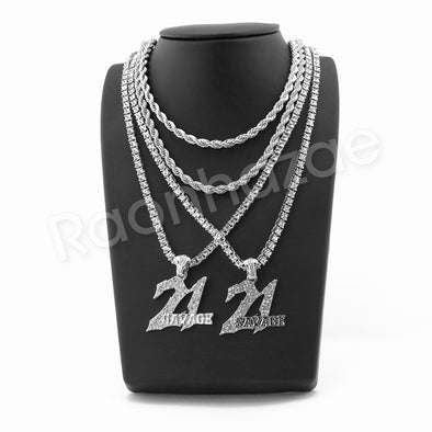 21 SAVAGE SILVER PENDANT W/ 24" ROPE /18" TENNIS CHAIN NECKLACE - Raonhazae
