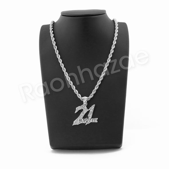 21 SAVAGE SILVER PENDANT W/ 24" ROPE /18" TENNIS CHAIN NECKLACE - Raonhazae