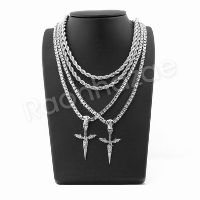 ISSA KNIFE PENDANT SILVER W/ 24" ROPE /18" TENNIS CHAIN NECKLACE - Raonhazae