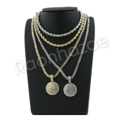 HIP HOP BASKETBALL PENDANT W/ 24" ROPE /18" TENNIS CHAIN NECKLACE SC006 - Raonhazae