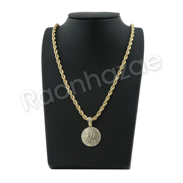HIP HOP BASKETBALL PENDANT W/ 24" ROPE /18" TENNIS CHAIN NECKLACE SC006 - Raonhazae