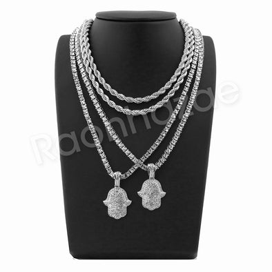 HANDS OF HAMSA SILVER PENDANT W/ 24" ROPE /18" TENNIS CHAIN NECKLACE - Raonhazae