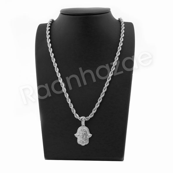 HANDS OF HAMSA SILVER PENDANT W/ 24" ROPE /18" TENNIS CHAIN NECKLACE - Raonhazae