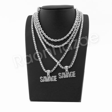 SAVAGE SILVER PENDANT W/ 24" ROPE /18" TENNIS CHAIN NECKLACE - Raonhazae