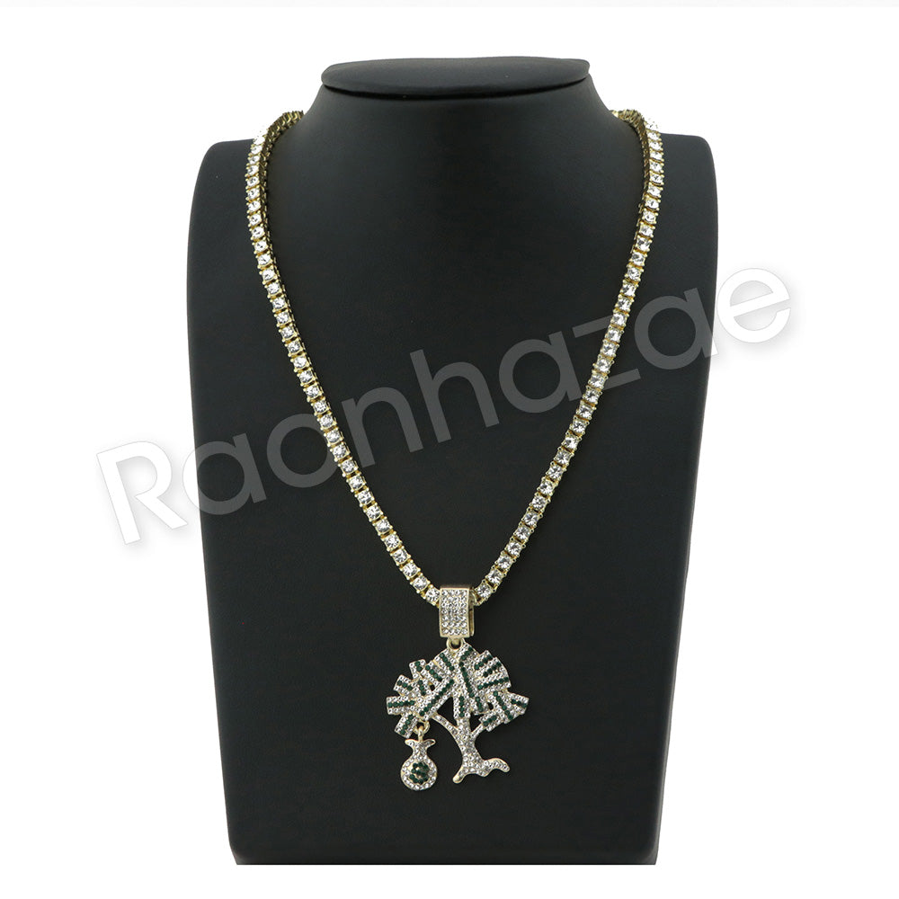 money tree chain GOLD MONEY TREE PENDANT W/ 24" ROPE /18" TENNIS CHAIN NECKLACE S12 – RAONHAZAE