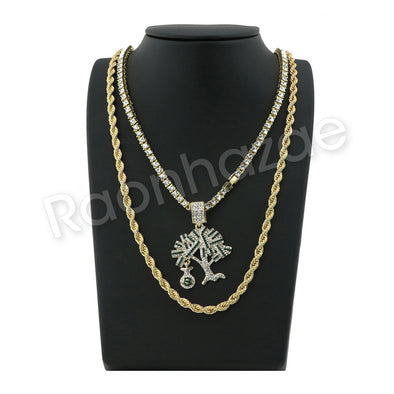 GOLD MONEY TREE PENDANT W/ 24" ROPE /18" TENNIS CHAIN NECKLACE S12 - Raonhazae