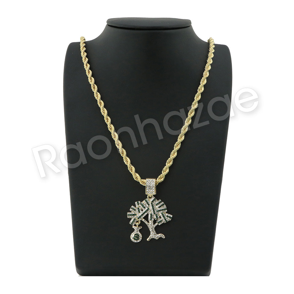 money tree pendant GOLD MONEY TREE PENDANT W/ 24" ROPE /18" TENNIS CHAIN NECKLACE S12 – RAONHAZAE