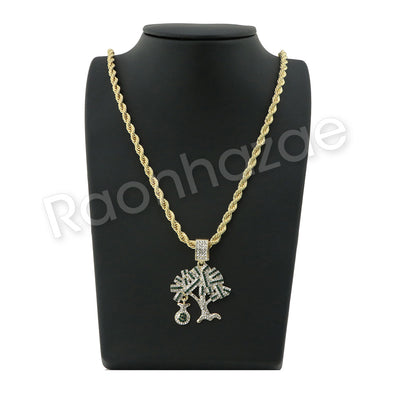 GOLD MONEY TREE PENDANT W/ 24" ROPE /18" TENNIS CHAIN NECKLACE S12 - Raonhazae