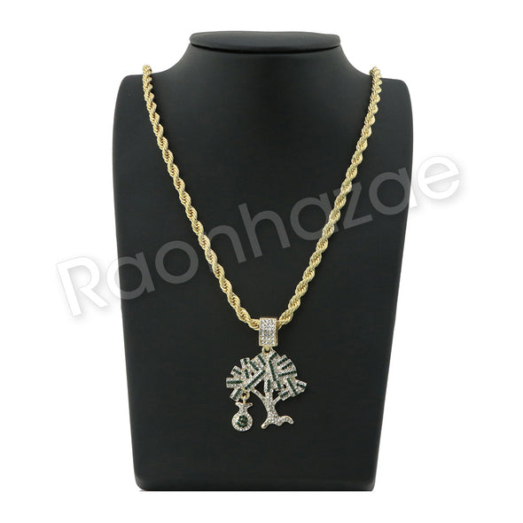 GOLD MONEY TREE PENDANT W/ 24" ROPE /18" TENNIS CHAIN NECKLACE S12 - Raonhazae
