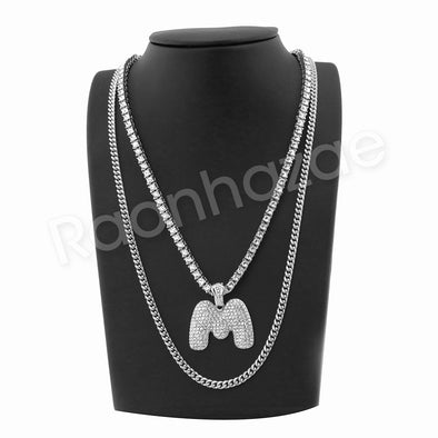 SILVER M INITIAL BUBBLE PENDANT W/ 24" MIAMI CUBAN /18" TENNIS NECKLACE - Raonhazae