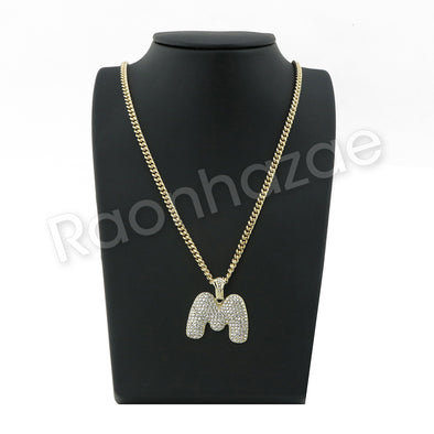 M INITIAL BUBBLE PENDANT W/ 24" MIAMI CUBAN/18" TENNIS CHAIN NECKLACE - Raonhazae