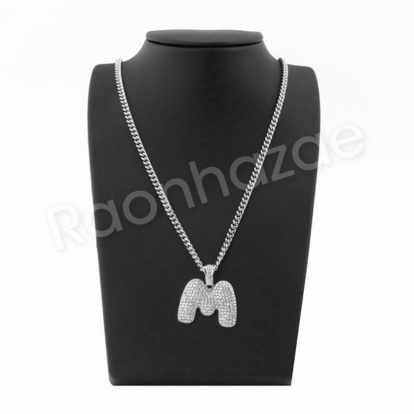 SILVER M INITIAL BUBBLE PENDANT W/ 24" MIAMI CUBAN /18" TENNIS NECKLACE - Raonhazae