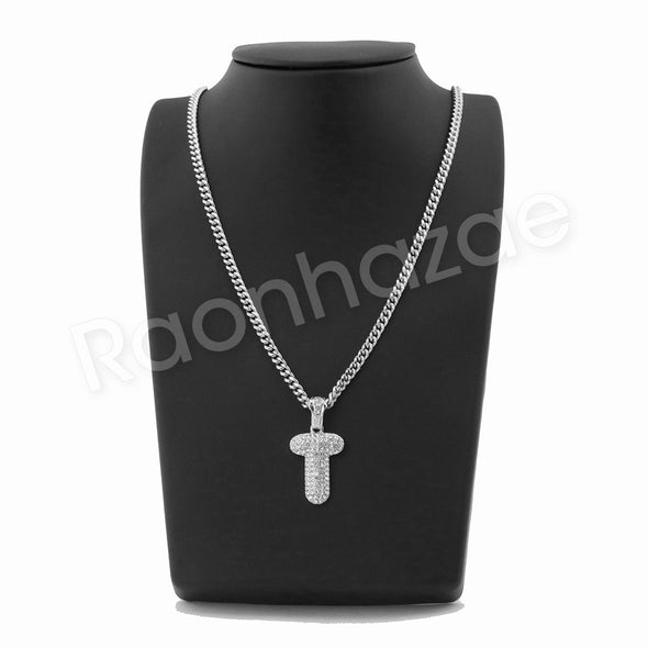 SILVER T INITIAL BUBBLE PENDANT W/ 24" MIAMI CUBAN /18" TENNIS NECKLACE - Raonhazae
