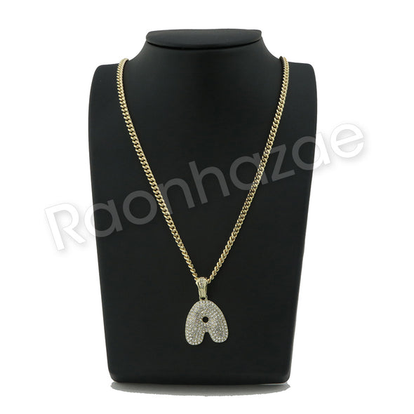 A INITIAL BUBBLE PENDANT W/ 24" MIAMI CUBAN /18" TENNIS CHAIN NECKLACE - Raonhazae