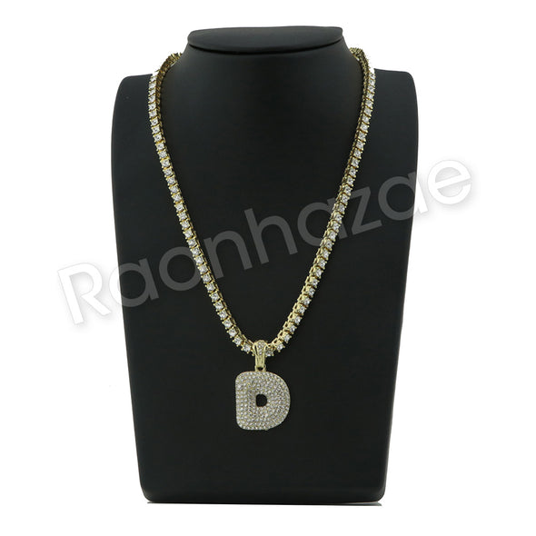 D INITIAL BUBBLE PENDANT W/ 24" MIAMI CUBAN /18" TENNIS CHAIN NECKLACE - Raonhazae