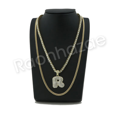 R INITIAL BUBBLE PENDANT W/ 24" MIAMI CUBAN /18" TENNIS CHAIN NECKLACE - Raonhazae