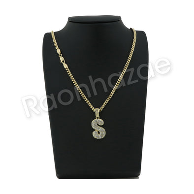 S INITIAL BUBBLE PENDANT W/ 24" MIAMI CUBAN /18" TENNIS CHAIN NECKLACE - Raonhazae