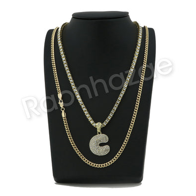 C INITIAL BUBBLE PENDANT W/ 24" CUBAN /18" TENNIS CHAIN NECKLACE S13 - Raonhazae