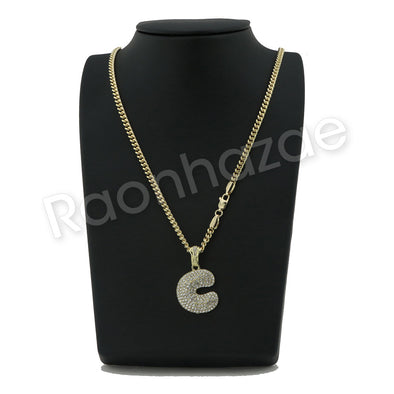 C INITIAL BUBBLE PENDANT W/ 24" CUBAN /18" TENNIS CHAIN NECKLACE S13 - Raonhazae