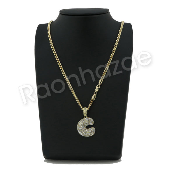 C INITIAL BUBBLE PENDANT W/ 24" CUBAN /18" TENNIS CHAIN NECKLACE S13 - Raonhazae