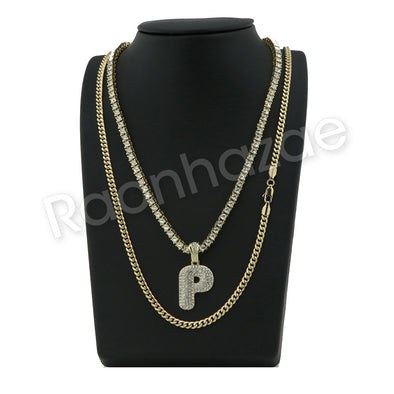 P INITIAL BUBBLE PENDANT W/ 24" MIAMI CUBAN /18" TENNIS CHAIN NECKLACE - Raonhazae