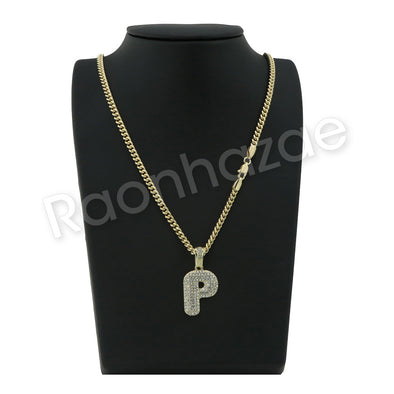 P INITIAL BUBBLE PENDANT W/ 24" MIAMI CUBAN /18" TENNIS CHAIN NECKLACE - Raonhazae