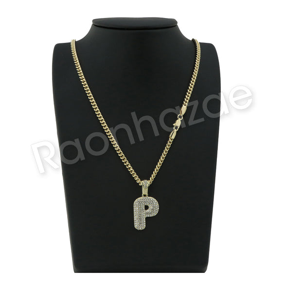 P INITIAL BUBBLE PENDANT W/ 24" MIAMI CUBAN /18" TENNIS CHAIN NECKLACE - Raonhazae