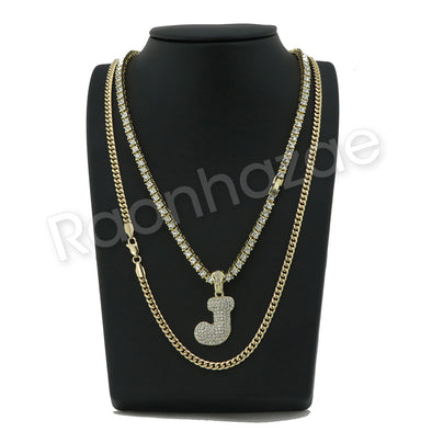 J INITIAL BUBBLE PENDANT W/ 24" MIAMI CUBAN /18" TENNIS CHAIN NECKLACE - Raonhazae