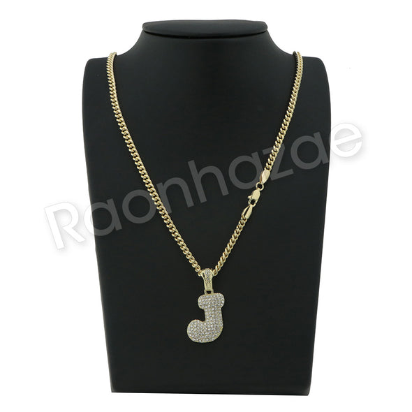 J INITIAL BUBBLE PENDANT W/ 24" MIAMI CUBAN /18" TENNIS CHAIN NECKLACE - Raonhazae