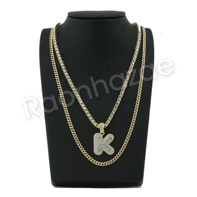 K INITIAL BUBBLE PENDANT W/ 24" MIAMI CUBAN /18" TENNIS CHAIN NECKLACE - Raonhazae