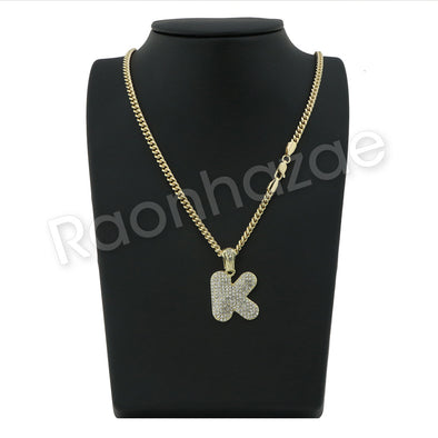 K INITIAL BUBBLE PENDANT W/ 24" MIAMI CUBAN /18" TENNIS CHAIN NECKLACE - Raonhazae