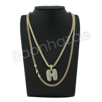 H INITIAL BUBBLE PENDANT W/ 24" MIAMI CUBAN /18" TENNIS CHAIN NECKLACE - Raonhazae