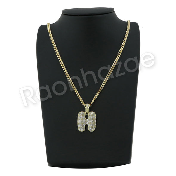 H INITIAL BUBBLE PENDANT W/ 24" MIAMI CUBAN /18" TENNIS CHAIN NECKLACE - Raonhazae