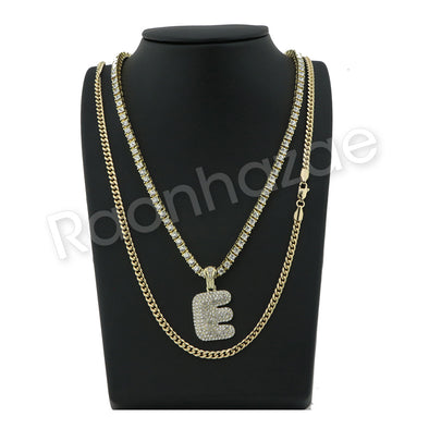 E INITIAL BUBBLE PENDANT W/ 24" MIAMI CUBAN /18" TENNIS CHAIN NECKLACE - Raonhazae