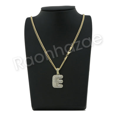E INITIAL BUBBLE PENDANT W/ 24" MIAMI CUBAN /18" TENNIS CHAIN NECKLACE - Raonhazae