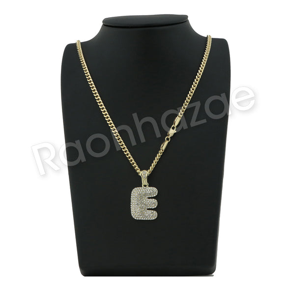 E INITIAL BUBBLE PENDANT W/ 24" MIAMI CUBAN /18" TENNIS CHAIN NECKLACE - Raonhazae