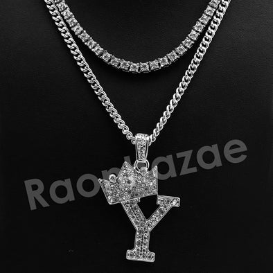 King Crown Y Initial Pendant Necklace Set. - Raonhazae