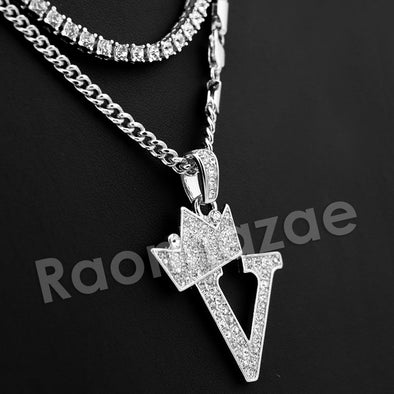 King Crown V Initial Pendant Necklace Set. - Raonhazae