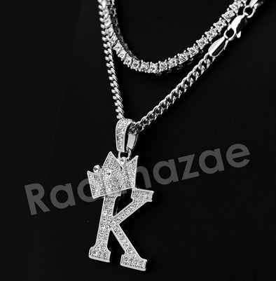 Crown K Initial Pendant Necklace Set. - Raonhazae