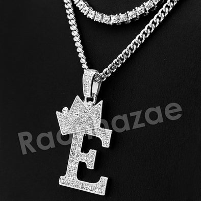 King Crown E Initial Pendant Necklace Set (Silver). - Raonhazae