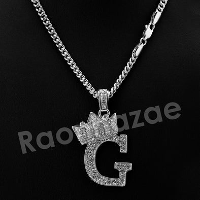 King Crown G Initial Pendant Necklace Set (Silver) - Raonhazae