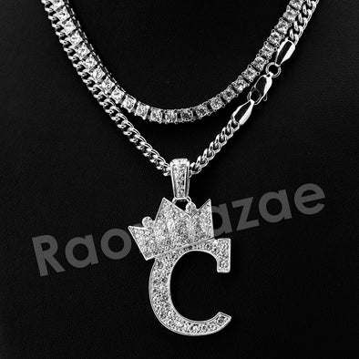 King Crown C Initial Pendant Necklace Set (Silver) - Raonhazae