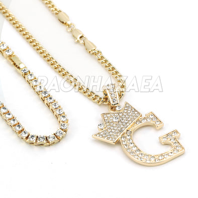 Crown G Initial Pendant Necklace Set - Raonhazae