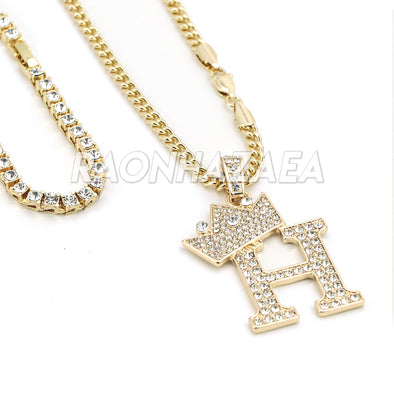 Crown H Initial Pendant Necklace Set - Raonhazae