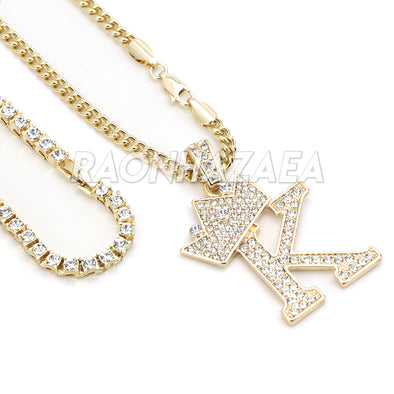 Crown K Initial Pendant Necklace Set - Raonhazae