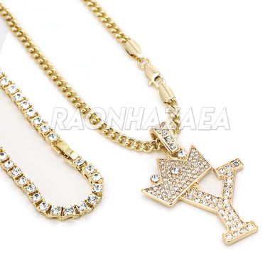 Crown Y Initial Pendant Necklace Set - Raonhazae